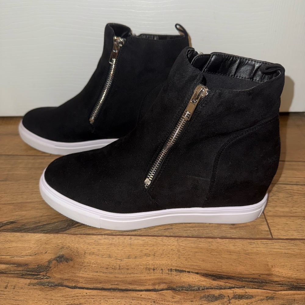 Black Suede Wedge Sneaker with Zipper